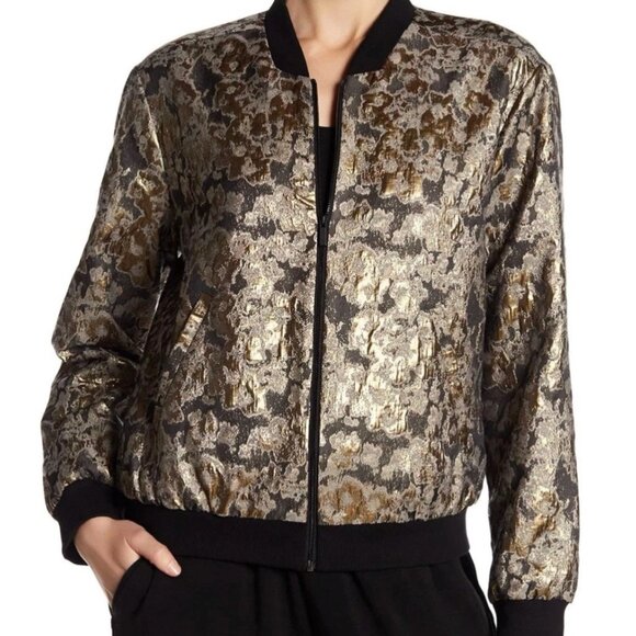 Vince Camuto Gold Foil Black Jacquard Bomber Jacket Large Metallic Brocade Zip - Picture 1 of 10